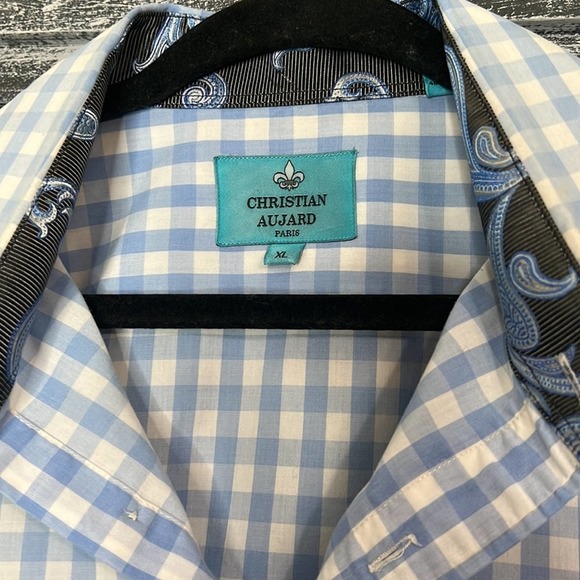 Christian Aujard Blue Check pattern Casual Long Sleeve Shirt Paisley Trim - Picture 4 of 6